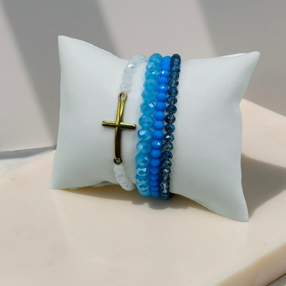 Stainless Steel Cross beaded Arm Candy  Bracelet - Blue Sky Theme - Picture 1 of 8